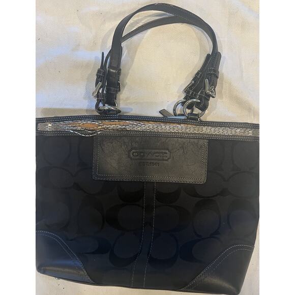 Coach Handbags - Coach Gallery Signature Khaki Suede Purse 10445 Beaded Tote Handbag Purse Blackd